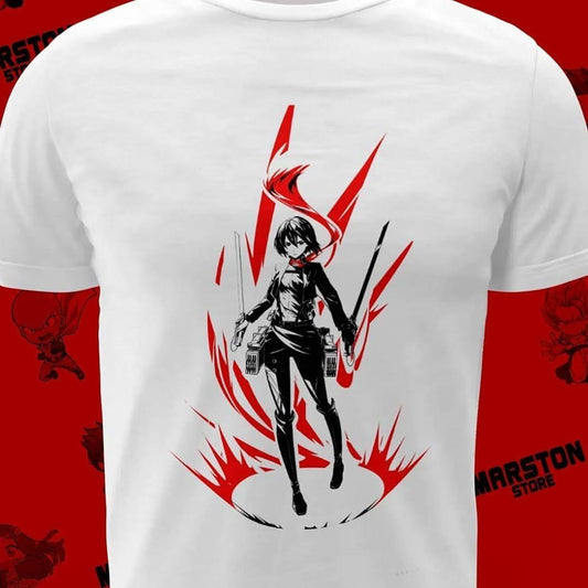 Polera blanca Shingeki no Kyojin con diseño de Mikasa Ackerman