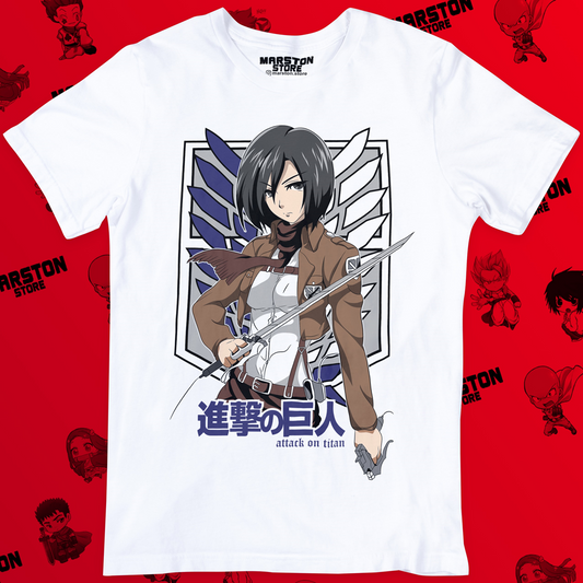Polera blanca Shingeki no Kyojin con diseño de Mikasa Ackerman