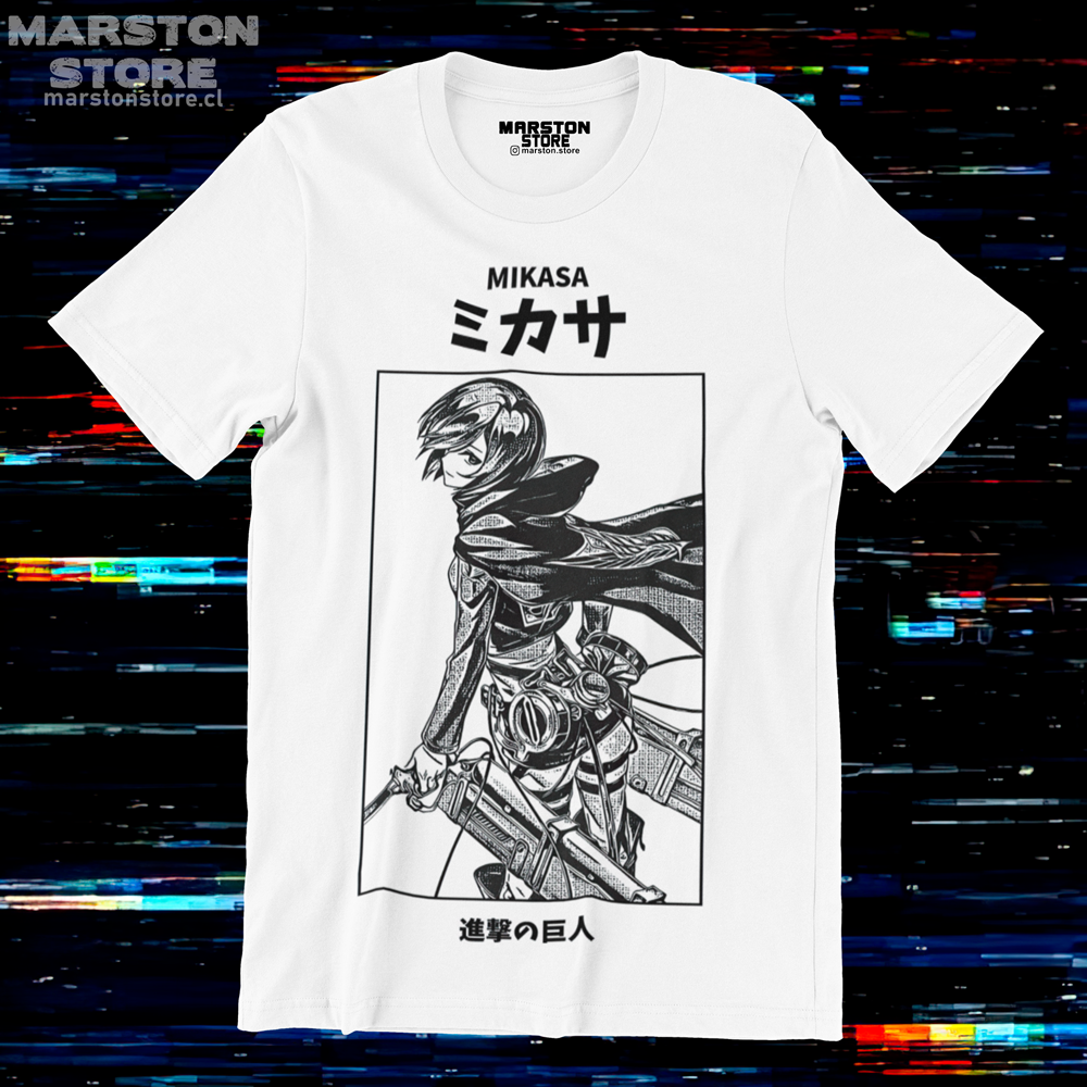 Polera blanca Shingeki no Kyojin con diseño de Mikasa Ackerman