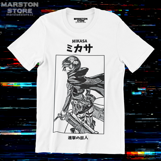 Polera blanca Shingeki no Kyojin con diseño de Mikasa Ackerman