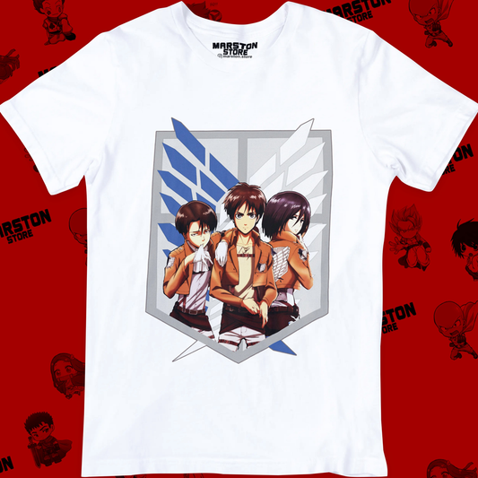 Polera blanca Shingeki no Kyojin con Mikasa Ackerman, Eren Jaeger y Levi Ackerman