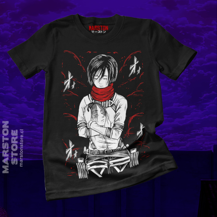 Polera negra Shingeki no Kyojin con Mikasa Ackerman y Eren Jaeger