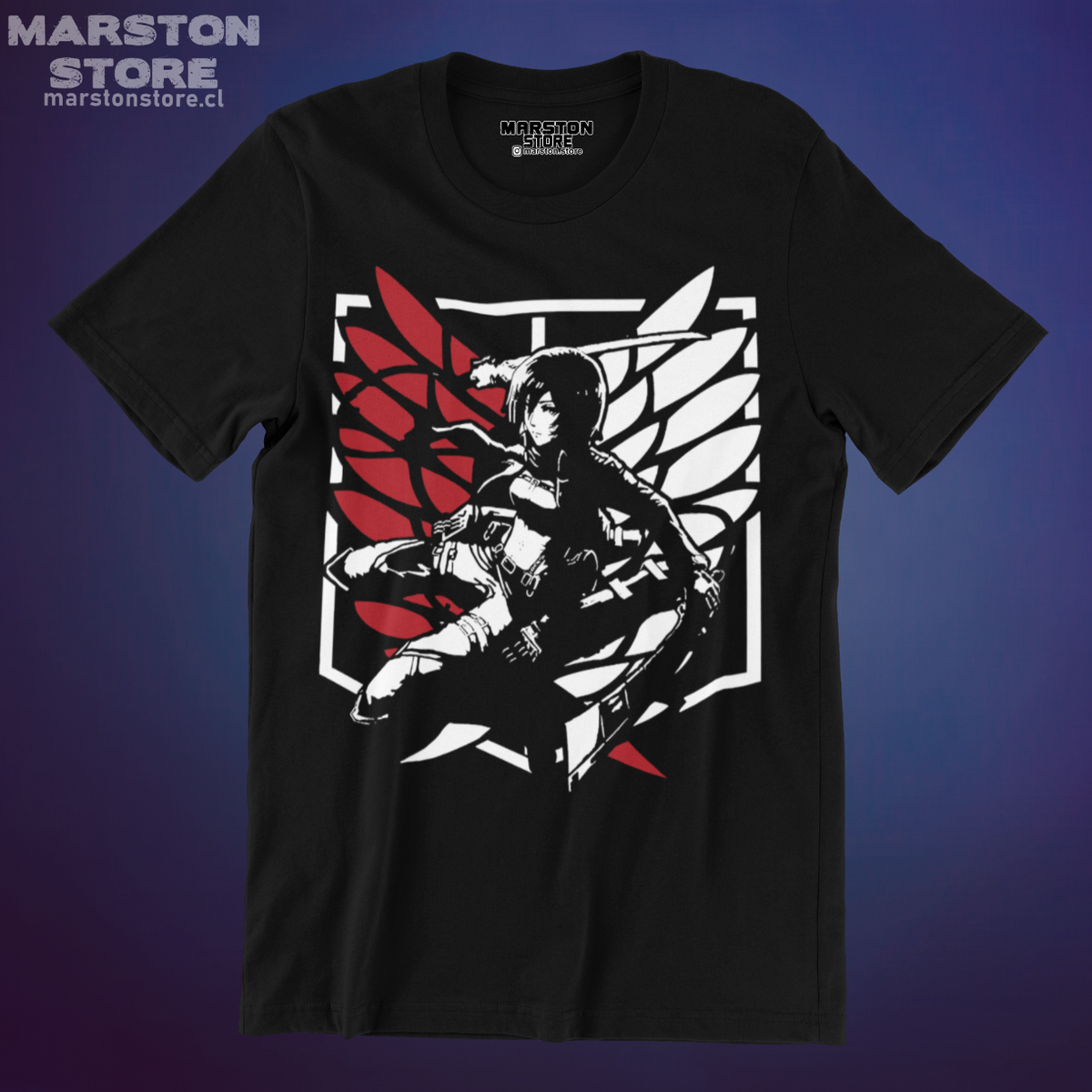 Polera negra Shingeki no Kyojin con diseño de Mikasa Ackerman