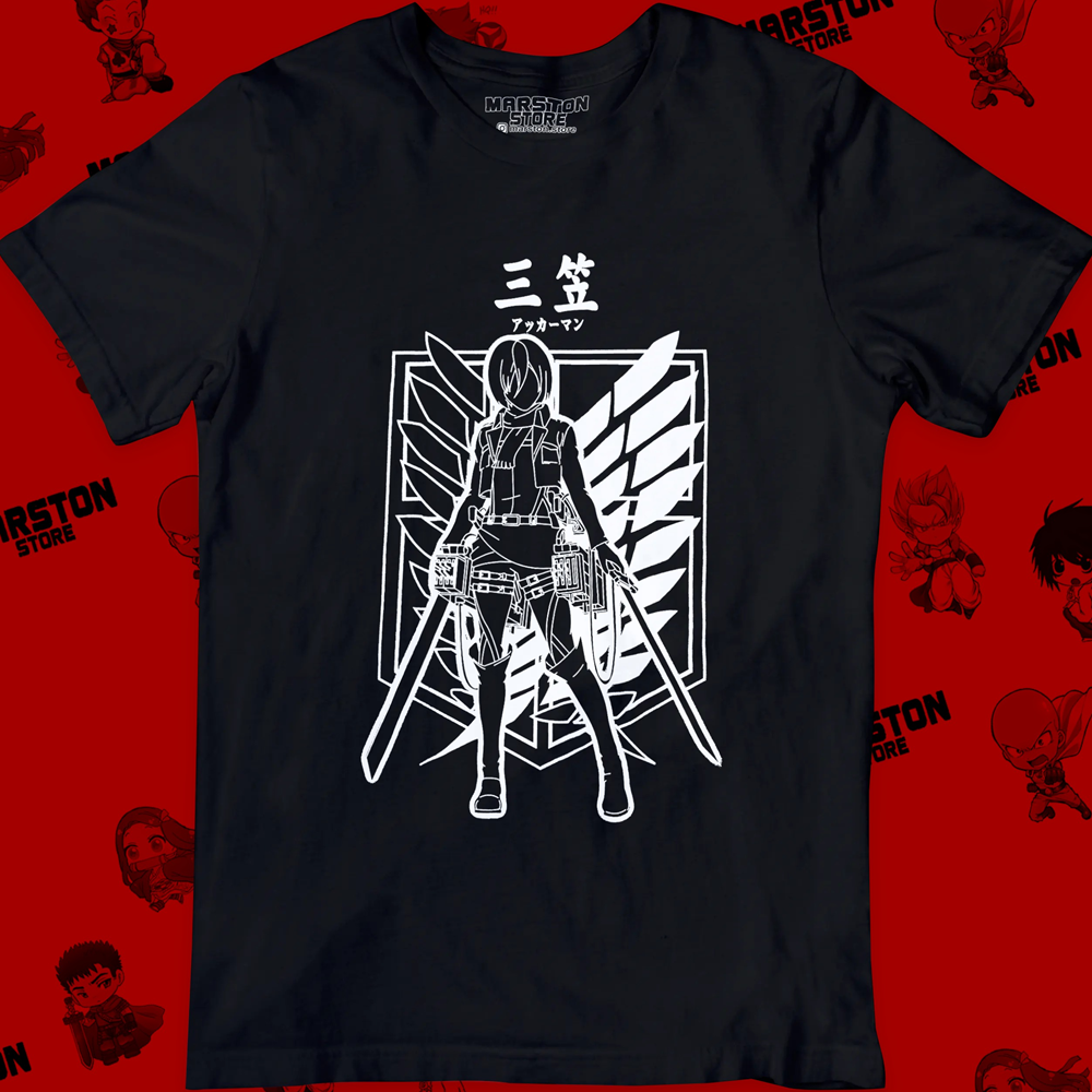 Polera negra Shingeki no Kyojin con diseño de Mikasa Ackerman