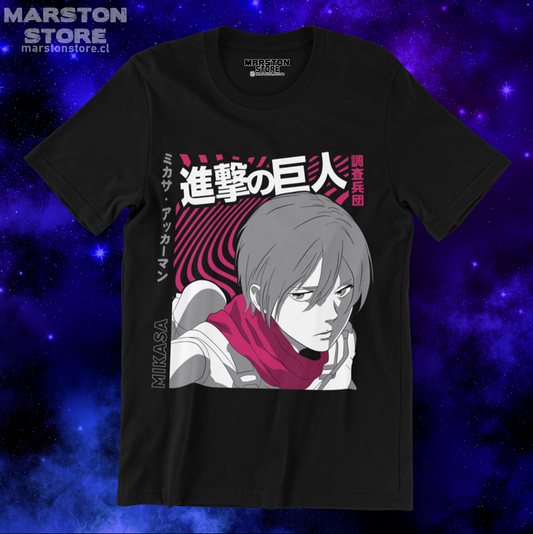 Polera negra Shingeki no Kyojin con diseño de Mikasa Ackerman