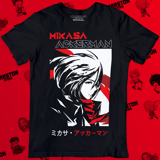 Polera negra Shingeki no Kyojin con diseño de Mikasa Ackerman