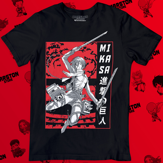 Polera negra Shingeki no Kyojin con diseño de Mikasa Ackerman