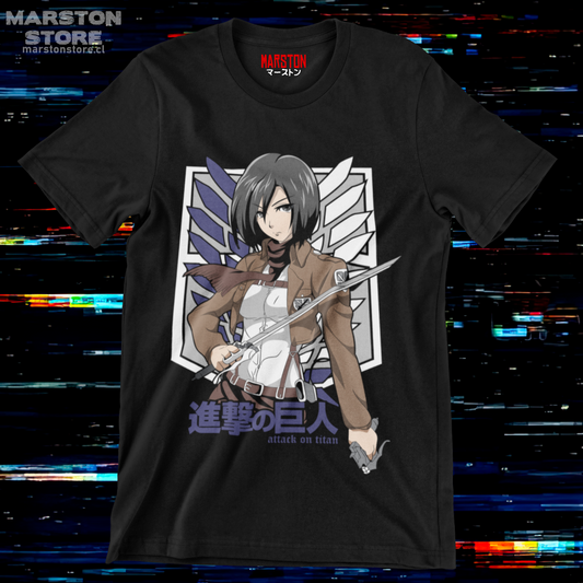 Polera negra Shingeki no Kyojin con diseño de Mikasa Ackerman