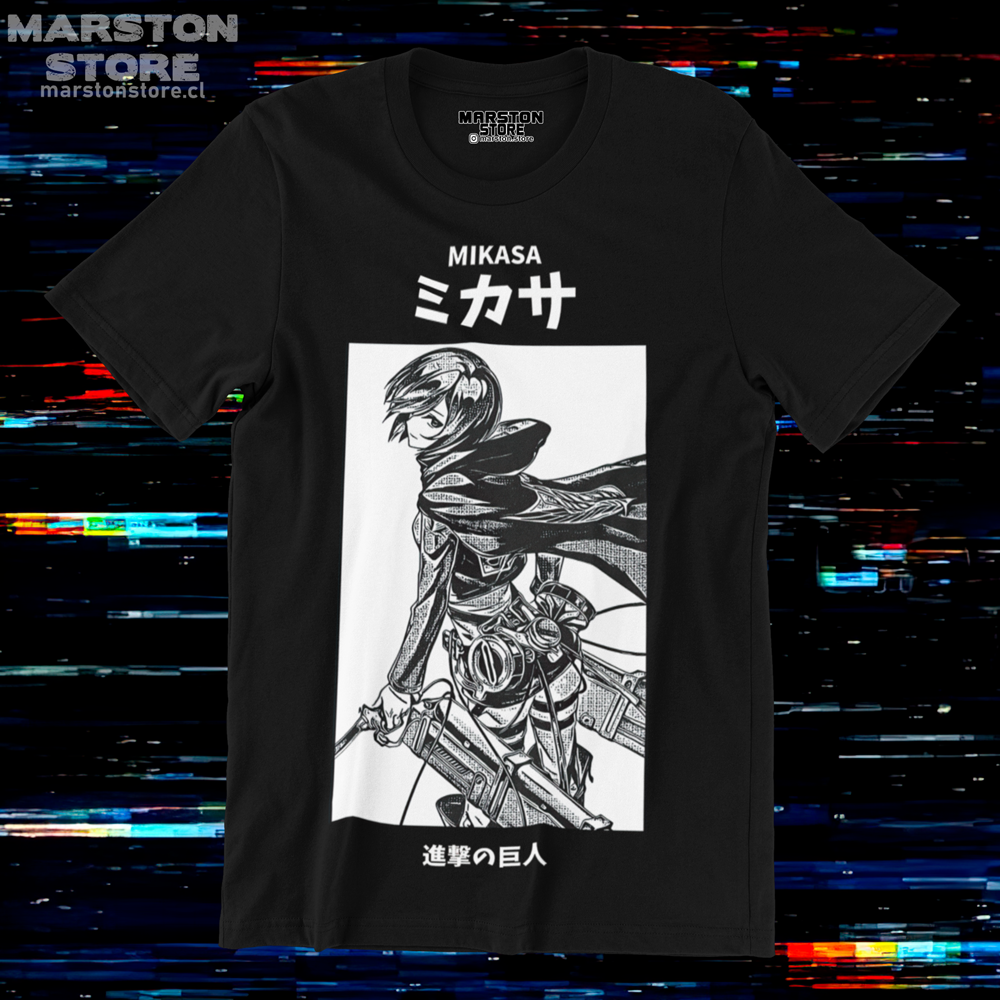 Polera negra Shingeki no Kyojin con diseño de Mikasa Ackerman