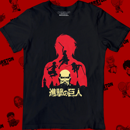 Polera negra Shingeki no Kyojin con el Titán de Ataque y el Titán Colosal