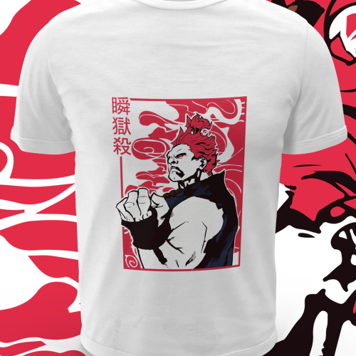 Polera blanca Street Fighter con diseño de Akuma