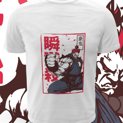 Polera blanca Street Fighter con diseño de Akuma