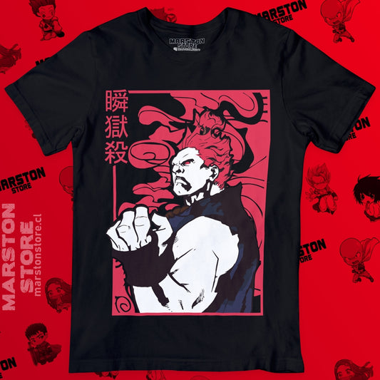 Polera negra Street Fighter con diseño de Akuma