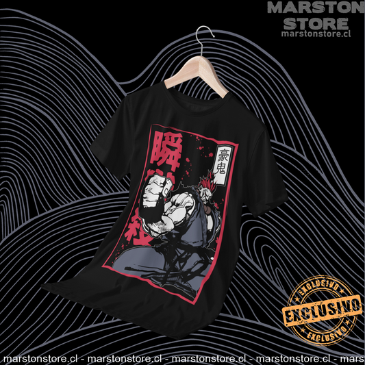 Polera negra Street Fighter con diseño de Akuma