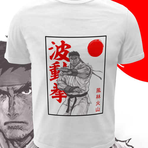 Polera blanca Street Fighter con diseño de Ryu