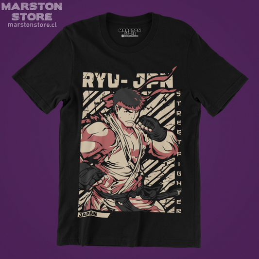 Polera negra Street Fighter con diseño de Ryu