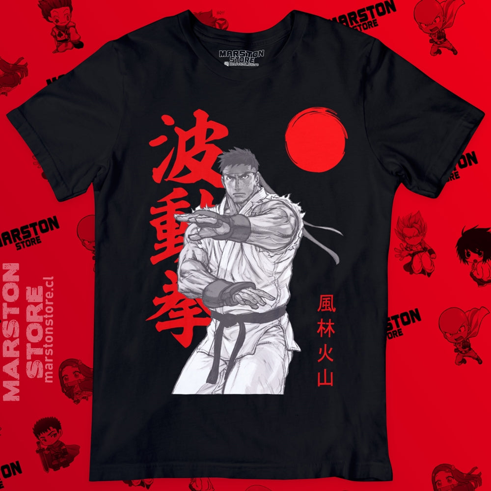Polera negra Street Fighter con diseño de Ryu