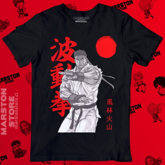 Polera negra Street Fighter con diseño de Ryu