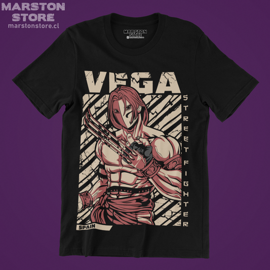 Polera negra Street Fighter con diseño de Vega