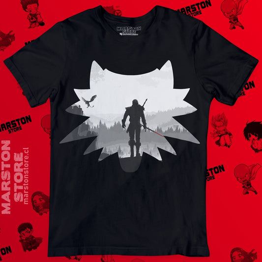 Polera negra The Witcher con diseño de Geralt de Rivia