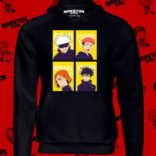 Polerón Jujutsu Kaisen con Satoru Gojo, Yuji Itadori, Nobara Kugisaki y Megumi Fushiguro